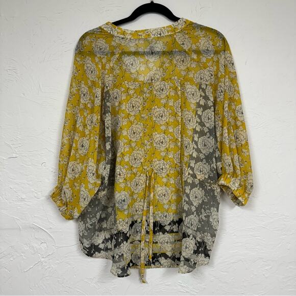 Cabi Yellow & Grey Floral Boho 3/4 Sleeve Blouse Womens S Sheer Puff Sleeve Top - Picture 8 of 12
